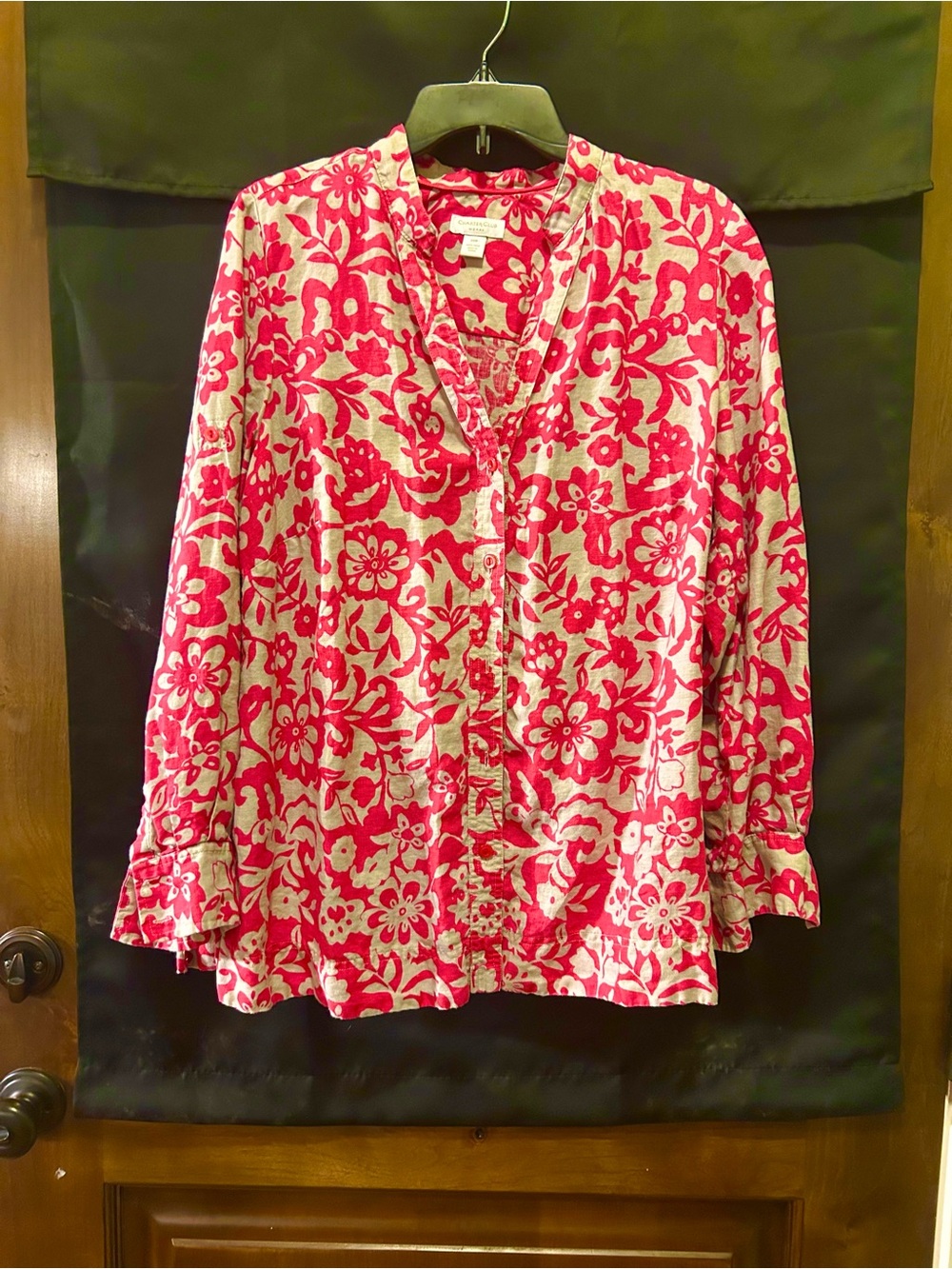 Womens Classy Linen Hot Pink and Taupe Blouse ~ Perfect for Seasonal Layering!